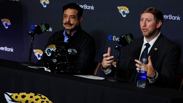 New Jacksonville Jaguars head coach Liam Coen fields questions from media after speaking and being introduced during a press conference next to owner Shad Khan Monday, Jan. 27, 2025 at the Miller Electric Center in Jacksonville, Fla. 