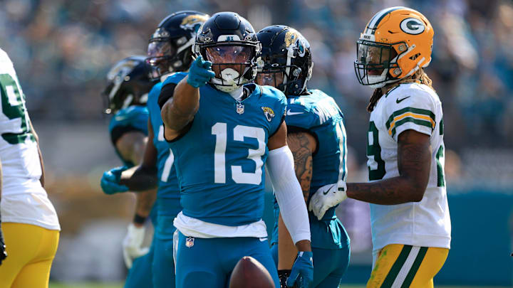Jacksonville Jaguars wide receiver Christian Kirk (13) signals a first down pickup during the third quarter of an NFL football matchup Sunday, Oct. 27, 2024 at EverBank Stadium in Jacksonville, Fla. 