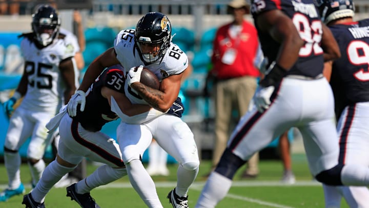 Jacksonville Jaguars tight end Brenton Strange (85) rushes for yards during the fourth quarter of an NFL football matchup Sunday, Sept. 24, 2023 at EverBank Stadium in Jacksonville, Fla. The Houston Texans defeated the Jacksonville Jaguars 37-17. 