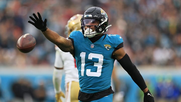 Jacksonville Jaguars wide receiver Christian Kirk (13) reacts to a reception during the third quarter of an NFL football game Sunday, Nov. 12, 2023 at EverBank Stadium in Jacksonville, Fla. The San Francisco 49ers defeated the Jacksonville Jaguars 34-3.