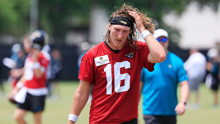 Jacksonville Jaguars quarterback Trevor Lawrence (16) walks off the field during the first organized team activity at Miller Electric Center Monday, May 19, 2025 in Jacksonville, Fla.