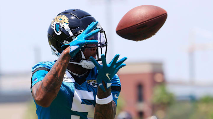 Jacksonville Jaguars wide receiver Dyami Brown (5) hauls in a reception during the first organized team activity at Miller Electric Center Monday, May 19, 2025 in Jacksonville, Fla.