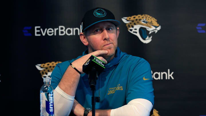 Jacksonville Jaguars head coach Liam Coen listens during a press conference at Miller Electric Center Tuesday, April 15, 2025 in Jacksonville, Fla. [Corey Perrine/Florida Times-Union]