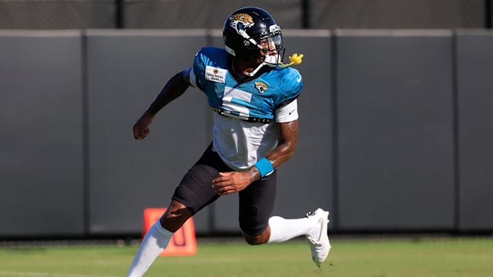 Jacksonville Jaguars wide receiver Dyami Brown (5) looks to catch a pass during an NFL training camp session at the Miller Electric Center, Tuesday, July 29, 2025, in Jacksonville, Fla. [Corey Perrine/Florida Times-Union]