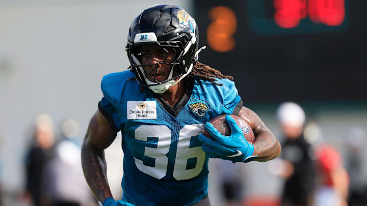 Jacksonville Jaguars running back LeQuint Allen Jr. (36) runs a route during an NFL training camp session at the Miller Electric Center, Friday, July 25, 2025, in Jacksonville, Fla. [Corey Perrine/Florida Times-Union]