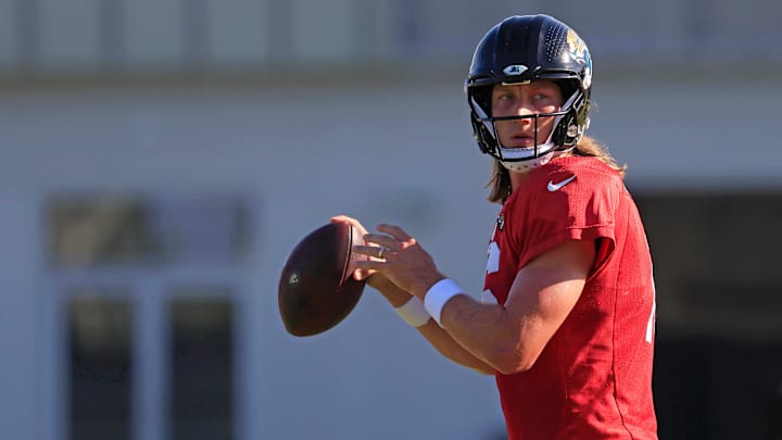 Jacksonville Jaguars quarterback Trevor Lawrence (16) looks to pass during an NFL training camp session at the Miller Electric Center, Tuesday, July 29, 2025, in Jacksonville, Fla. [Corey Perrine/Florida Times-Union]
