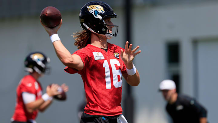 Jacksonville Jaguars quarterback Trevor Lawrence (16) throws the ball during an NFL training camp session at the Miller Electric Center, Friday Aug. 15, 2025 in Jacksonville, Fla. [Corey Perrine/Florida Times-Union]