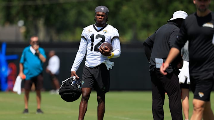Jacksonville Jaguars wide receiver Travis Hunter (12) looks on during an NFL training camp session at the Miller Electric Center, Friday Aug. 15, 2025 in Jacksonville, Fla. [Corey Perrine/Florida Times-Union]