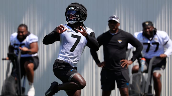 Jacksonville Jaguars wide receiver Brian Thomas Jr. (7) eyes a pass during an NFL training camp session at the Miller Electric Center, Friday Aug. 15, 2025 in Jacksonville, Fla. [Corey Perrine/Florida Times-Union]
