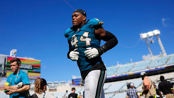 Jacksonville Jaguars defensive end Travon Walker (44) runs off the field after the game of an NFL football matchup at EverBank Stadium, Sunday, Sept. 21, 2025, in Jacksonville, Fla. 