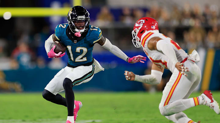 Jacksonville Jaguars wide receiver Travis Hunter (12) is pressured by Kansas City Chiefs safety Jaden Hicks (21) during the third quarter of an NFL football matchup at EverBank Stadium, Monday, Oct. 6, 2025, in Jacksonville, Fla. The Jacksonville Jaguars edged the Kansas City Chiefs 31-28. Jacksonville Jaguars wide receiver Travis Hunter (12) is pressured by Kansas City Chiefs safety Jaden Hicks (21) during the third quarter of an NFL football matchup at EverBank Stadium, Monday, Oct. 6, 2025, in Jacksonville, Fla. The Jacksonville Jaguars edged the Kansas City Chiefs 31-28.