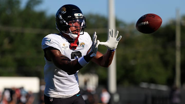 Jacksonville Jaguars cornerback Tyson Campbell (3) catches a pass during an NFL training camp session at the Miller Electric Center, Wednesday, Aug. 6, 2025, in Jacksonville, Fla.