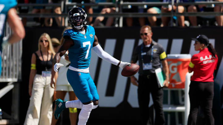 Jacksonville Jaguars wide receiver Brian Thomas Jr. (7) scores a touchdown during the first quarter of an NFL football matchup, Sunday, Oct. 12, 2025, at EverBank Stadium in Jacksonville, Fla. The Seahawks defeated the Jaguars 20-12.
