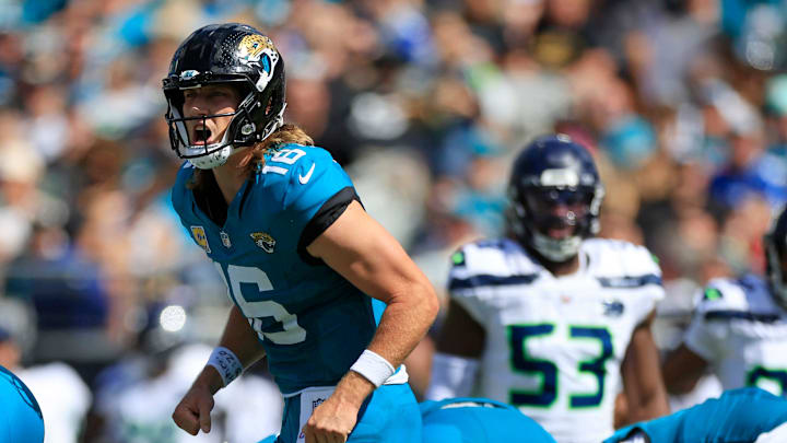 Jacksonville Jaguars quarterback Trevor Lawrence (16) calls a play during the second quarter of an NFL football matchup, Sunday, Oct. 12, 2025, at EverBank Stadium in Jacksonville, Fla. The Seahawks defeated the Jaguars 20-12.