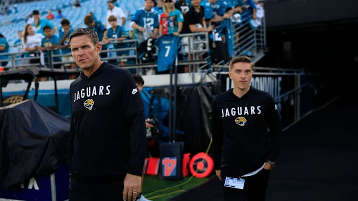 Jacksonville Jaguars Executive Vice President of football operations Tony Boselli, left, and General Manager James Gladstone walks on the field before an NFL football matchup at EverBank Stadium, Monday, Oct. 6, 2025, in Jacksonville, Fla. Jacksonville Jaguars Executive Vice President of football operations Tony Boselli, left, and General Manager James Gladstone walks on the field before an NFL football matchup at EverBank Stadium, Monday, Oct. 6, 2025, in Jacksonville, Fla.