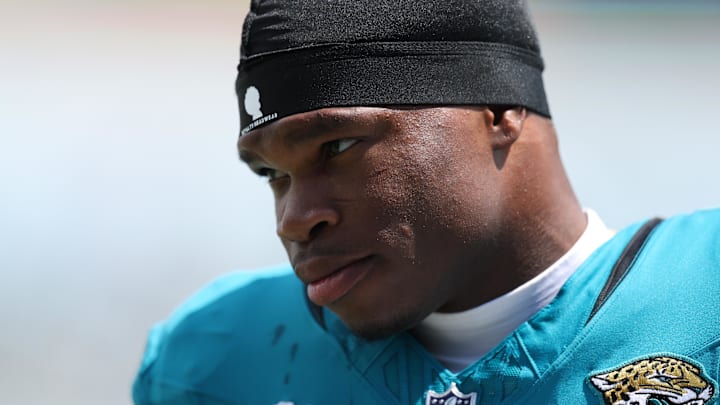 Sep 7, 2025; Jacksonville, Florida, USA; Jacksonville Jaguars wide receiver Travis Hunter (12) on the field prior to a game against the Carolina Panthers at EverBank Stadium. 
