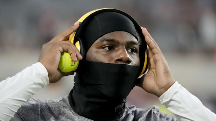 Nov 8, 2025; Tuscaloosa, Alabama, USA;  LSU safety A.J. Haulcy (13) walks the field before the game with Alabama at Saban Field at Bryant-Denny Stadium. Mandatory Credit: Gary Cosby Jr.-Imagn Images