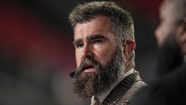Dec 29, 2025; Atlanta, Georgia, USA; ESPN MNF broadcaster Jason Kelce shown on set prior to the game between the Los Angeles Rams against the Atlanta Falcons at Mercedes-Benz Stadium. Mandatory Credit: Dale Zanine-Imagn Images