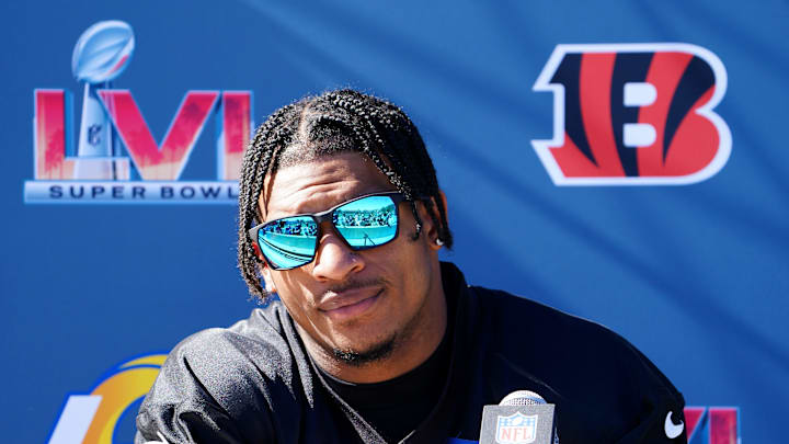 Cincinnati Bengals wide receiver Ja'Marr Chase (1) answers questions from the press during in-person availability, Friday, Feb. 11, 2022, at Drake Stadium on the UCLA campus in Los Angeles. The Cincinnati Bengals are set to face off against the Los Angeles Rams in Super Bowl 56.