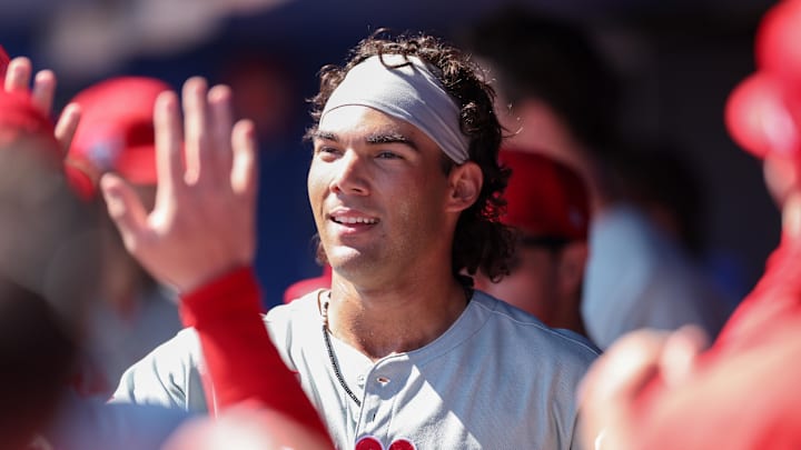 Feb 26, 2025; Dunedin, Florida, USA; Philadelphia Phillies outfielder Gabriel Rincones Jr. (85) celebrates after hitting a home run against the Toronto Blue Jays in the third inning during spring training at TD Ballpark. Mandatory Credit: Nathan Ray Seebeck-Imagn Images