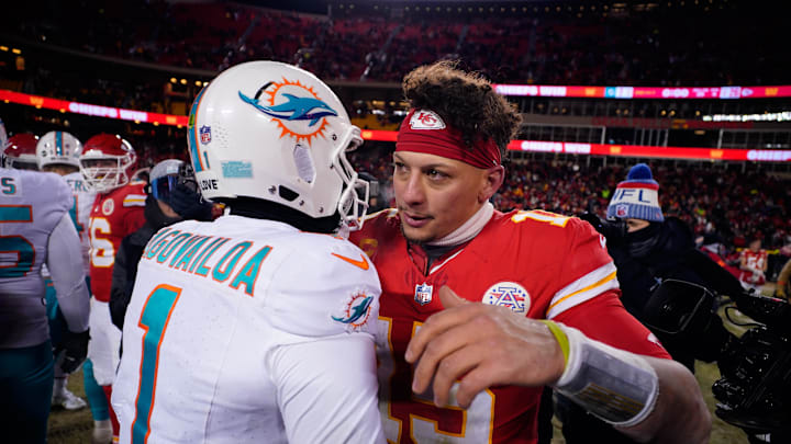 Jan 13, 2024; Kansas City, Missouri, USA; Kansas City Chiefs quarterback Patrick Mahomes (15) meets