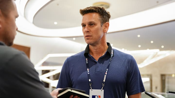 Nov 8, 2022; Las Vegas, NV, USA;  Seattle Mariners president of baseball operations Jerry Dipoto answers questions during the MLB GM Meetings at The Conrad Las Vegas. Mandatory Credit: Lucas Peltier-Imagn Images