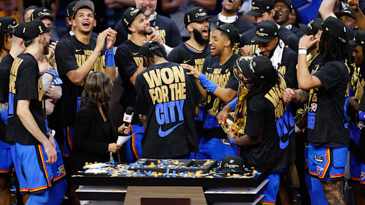 Jun 22, 2025; Oklahoma City, Oklahoma, USA; The Oklahoma City Thunder celebrate after winning game seven of the 2025 NBA Finals against the Indiana Pacers at Paycom Center. Mandatory Credit: Alonzo Adams-Imagn Images