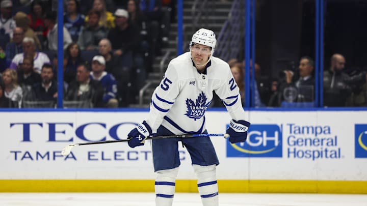Feb 25, 2026; Tampa, Florida, USA; Toronto Maple Leafs defenseman Brandon Carlo (25) during the game against the Tampa Bay Lightning in the third period at Benchmark International Arena. Mandatory Credit: Morgan Tencza-Imagn Images