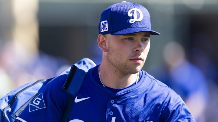 Feb 20, 2025; Phoenix, Arizona, USA; Los Angeles Dodgers catcher Dalton Rushing against the Chicago Cubs during a spring training game at Camelback Ranch-Glendale. Mandatory Credit: Mark J. Rebilas-Imagn Images