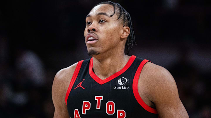 Jan 14, 2026; Indianapolis, Indiana, USA; Toronto Raptors forward/guard Scottie Barnes (4) in the first half against the Indiana Pacers at Gainbridge Fieldhouse. Mandatory Credit: Trevor Ruszkowski-Imagn Images