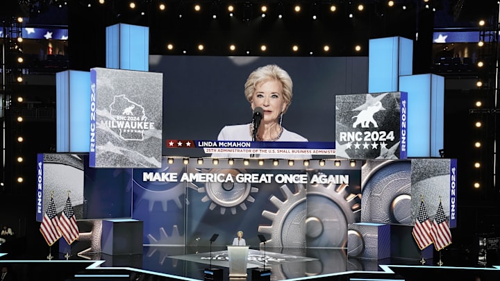 July 18, 2024; Milwaukee, WI, USA; Linda McMahon, former Administrator of the Small Business Administration, speaks during the final day of the Republican National Convention at the Fiserv Forum. The final day of the RNC featured a keynote address by Republican presidential nominee Donald Trump. Mandatory Credit: Jasper Colt-USA TODAY