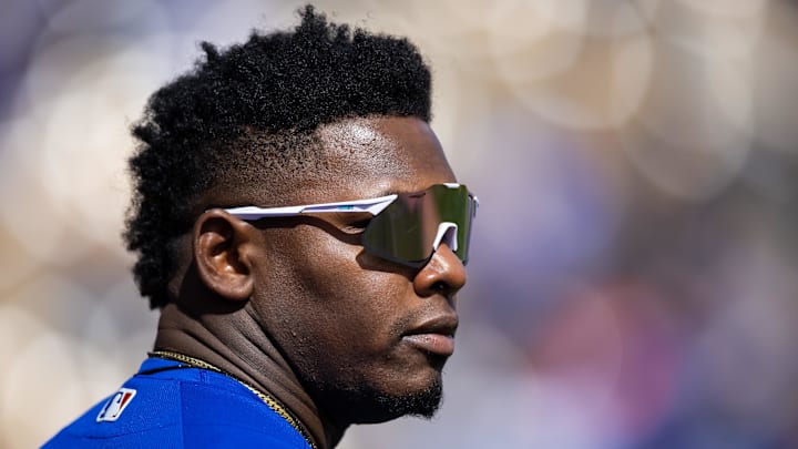 Feb 26, 2023; Phoenix, Arizona, USA; Chicago Cubs outfielder Yonathan Perlaza against the Los