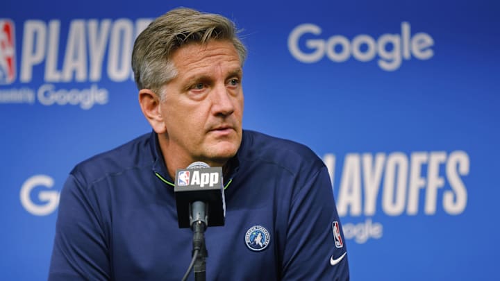 Apr 23, 2026; Minneapolis, Minnesota, USA; Minnesota Timberwolves head coach Chris Finch answers questions at a press conference before the game against the Denver Nuggets at Target Center. Mandatory Credit: Bruce Kluckhohn-Imagn Images