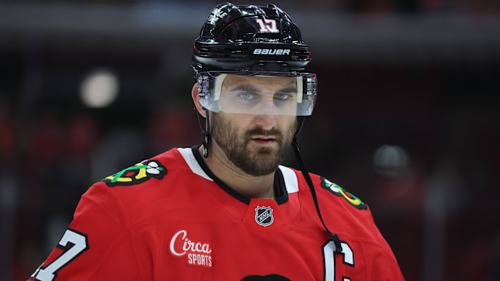 Mar 18, 2025; Chicago, Illinois, USA; Chicago Blackhawks left wing Nick Foligno (17) warms up before a game against the Seattle Kraken at United Center. Mandatory Credit: Talia Sprague-Imagn Images