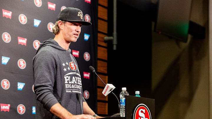 May 10, 2024; Santa Clara, CA, USA; San Francisco 49ers defensive coordinator Nick Sorensen holds a press conference before the 49ers rookie minicamp at Levi’s Stadium in Santa Clara, CA. Mandatory Credit: Robert Kupbens-USA TODAY Sports May 10, 2024; Santa Clara, CA, USA; San Francisco 49ers defensive coordinator Nick Sorensen holds a press conference before the 49ers rookie minicamp at Levi’s Stadium in Santa Clara, CA. Mandatory Credit: Robert Kupbens-USA TODAY Sports