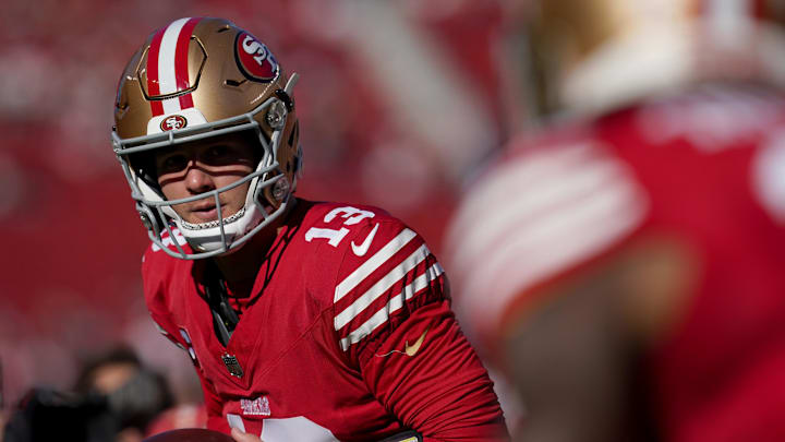 Dec 8, 2024; Santa Clara, California, USA; San Francisco 49ers quarterback Brock Purdy (13) warms up before the start of the game against the Chicago Bears at Levi's Stadium. Mandatory Credit: Cary Edmondson-Imagn Images