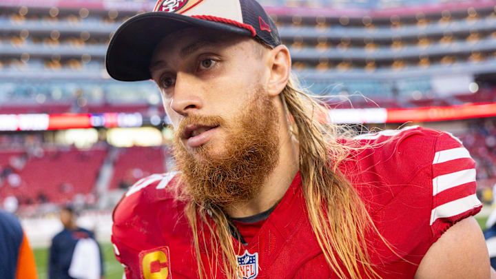 Dec 8, 2024; Santa Clara, California, USA; San Francisco 49ers tight end George Kittle (85) after the game against the Chicago Bears at Levi's Stadium. Mandatory Credit: Bob Kupbens-Imagn Images Dec 8, 2024; Santa Clara, California, USA; San Francisco 49ers tight end George Kittle (85) after the game against the Chicago Bears at Levi's Stadium. Mandatory Credit: Bob Kupbens-Imagn Images