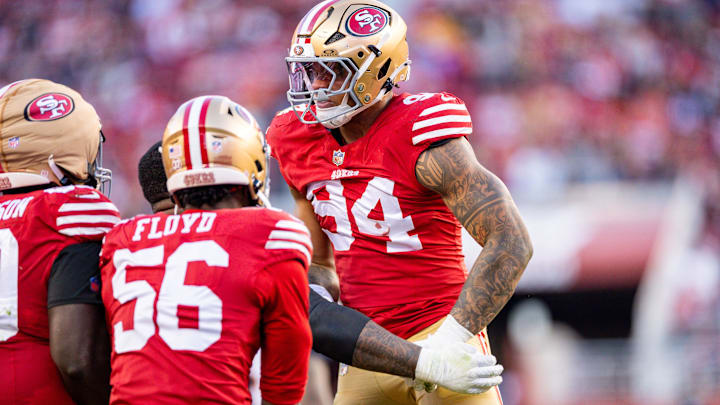 Dec 8, 2024; Santa Clara, California, USA; San Francisco 49ers defensive end Yetur Gross-Matos (94) celebrates his sack during the fourth quarter against the Chicago Bears at Levi's Stadium. Mandatory Credit: Bob Kupbens-Imagn Images Dec 8, 2024; Santa Clara, California, USA; San Francisco 49ers defensive end Yetur Gross-Matos (94) celebrates his sack during the fourth quarter against the Chicago Bears at Levi's Stadium. Mandatory Credit: Bob Kupbens-Imagn Images