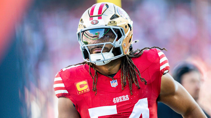 Dec 8, 2024; Santa Clara, California, USA; San Francisco 49ers linebacker Fred Warner (54) walks on the sideline during the first quarter against the Chicago Bears at Levi's Stadium. Mandatory Credit: Bob Kupbens-Imagn Images