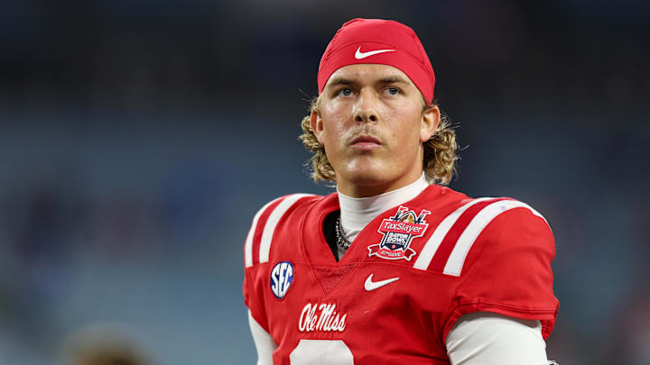 Jan 2, 2025; Jacksonville, FL, USA; Mississippi Rebels quarterback Jaxson Dart (2) warms up before the Gator Bowl against the Duke Blue Devils at EverBank Stadium. Mandatory Credit: Nathan Ray Seebeck-Imagn Images