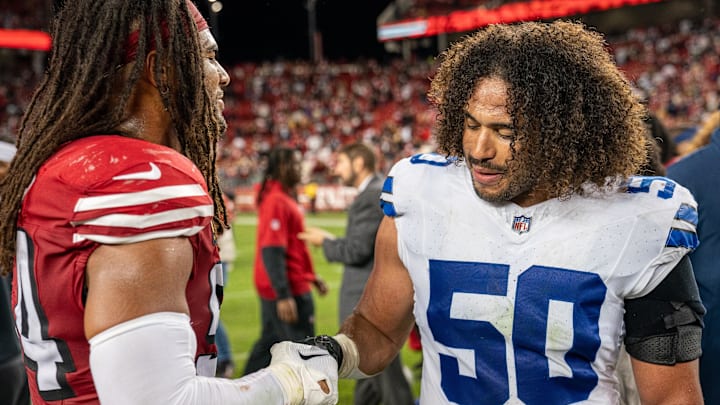 Oct 27, 2024; Santa Clara, California, USA; after the game San Francisco 49ers linebacker Fred Warner (54) and Dallas Cowboys linebacker Eric Kendricks (50) shake hands at Levi's Stadium. Mandatory Credit: Neville E. Guard-Imagn Images Oct 27, 2024; Santa Clara, California, USA; after the game San Francisco 49ers linebacker Fred Warner (54) and Dallas Cowboys linebacker Eric Kendricks (50) shake hands at Levi's Stadium. Mandatory Credit: Neville E. Guard-Imagn Images