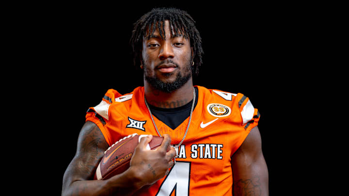 Nick Martin (4) is pictured during the Oklahoma State football media day in Stillwater, Okla., on Saturday, Aug. 3, 2024.