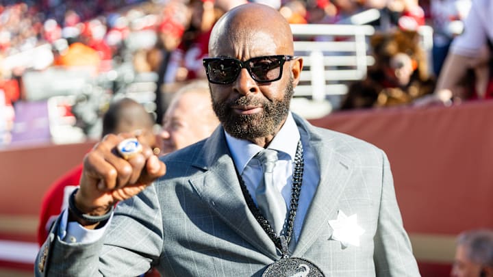 Dec 8, 2024; Santa Clara, California, USA; San Francisco 49ers legend Jerry Rice is excited for the game during the second quarter against the Chicago Bears at Levi's Stadium. Mandatory Credit: Bob Kupbens-Imagn Images Dec 8, 2024; Santa Clara, California, USA; San Francisco 49ers legend Jerry Rice is excited for the game during the second quarter against the Chicago Bears at Levi's Stadium. Mandatory Credit: Bob Kupbens-Imagn Images