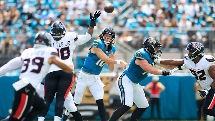 Jacksonville Jaguars quarterback Trevor Lawrence (16) passes the ball during the first quarter of an NFL football matchup at EverBank Stadium, Sunday, Sept. 21, 2025, in Jacksonville, Fla. The Jaguars defeated the Texans 17-10. The Jaguars defeated the Texans 17-10.