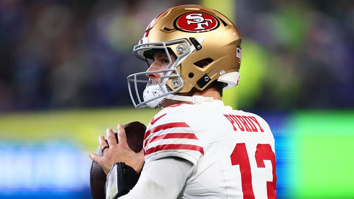 Jan 17, 2026; Seattle, WA, USA; San Francisco 49ers quarterback Brock Purdy (13) warms up before the start of the second half against the Seattle Seahawks in an NFC Divisional Round game at Lumen Field. Mandatory Credit: Kevin Ng-Imagn Images