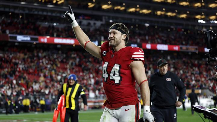 Dec 28, 2025; Santa Clara, California, USA; San Francisco 49ers fullback Kyle Juszczyk (44) celebrates after the game against the Chicago Bears at Levi's Stadium. Mandatory Credit: Sergio Estrada-Imagn Images Dec 28, 2025; Santa Clara, California, USA; San Francisco 49ers fullback Kyle Juszczyk (44) celebrates after the game against the Chicago Bears at Levi's Stadium. Mandatory Credit: Sergio Estrada-Imagn Images
