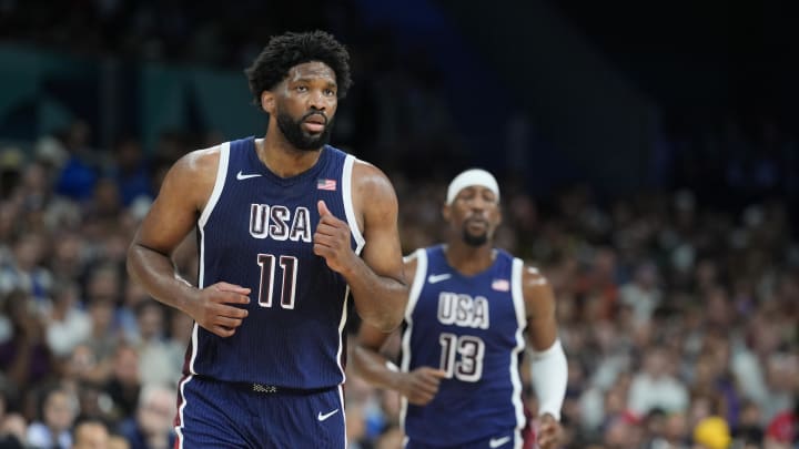 Aug 3, 2024; Villeneuve-d'Ascq, France; United States center Joel Embiid (11) in the fourth quarter against Puerto Rico during the Paris 2024 Olympic Summer Games at Stade Pierre-Mauroy. Mandatory Credit: John David Mercer-USA TODAY Sports