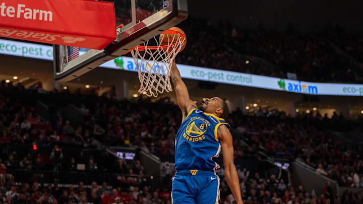 Oct 23, 2024; Portland, Oregon, USA; Golden State Warriors shooting guard De'Anthony Melton (8) dunks the ball during the second half against the Portland Trailblazers at Moda Center. Mandatory Credit: Stephen Brashear-Imagn Images Oct 23, 2024; Portland, Oregon, USA; Golden State Warriors shooting guard De'Anthony Melton (8) dunks the ball during the second half against the Portland Trailblazers at Moda Center. Mandatory Credit: Stephen Brashear-Imagn Images