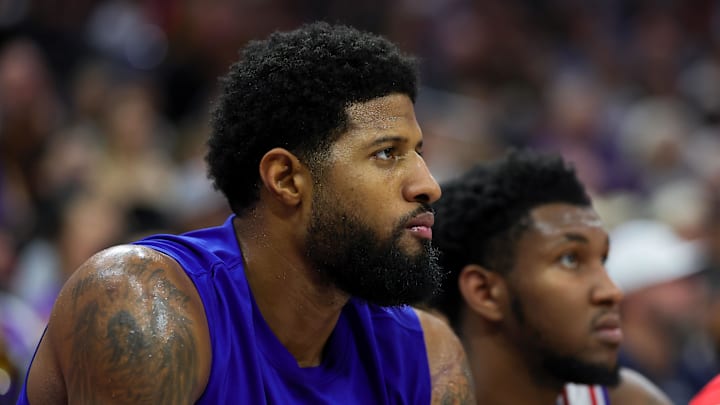 Jan 1, 2025; Sacramento, California, USA; Philadelphia 76ers forward Paul George (8) during the game against the Sacramento Kings at Golden 1 Center. Mandatory Credit: Sergio Estrada-Imagn Images