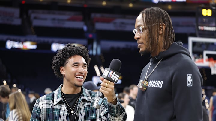 Jun 4, 2025; Oklahoma City, OK, USA; NBA player correspondent Jared McCain interviews Indiana Pacers center Myles Turner (33) during NBA Finals Media Day at Paycom Center. Mandatory Credit: Alonzo Adams-Imagn Images Jun 4, 2025; Oklahoma City, OK, USA; NBA player correspondent Jared McCain interviews Indiana Pacers center Myles Turner (33) during NBA Finals Media Day at Paycom Center. Mandatory Credit: Alonzo Adams-Imagn Images